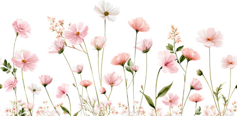 Delicate watercolor seamless border with pink cosmos and wildflowers.