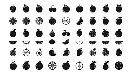A collection of black and white vector fruit icons. Apples, oranges, lemons, cherries, and other fruits are neatly arranged against a white background