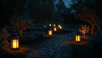 Fototapeta premium Lanterns Guiding the Stone Path through the Garden in the Dusk, a Serene Vista.