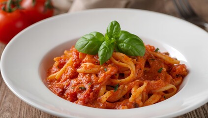 Pasta with Tomato Sauce and Basil, a Simple Culinary Composition with Vibrant Colors.
