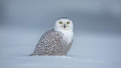 Fototapeta premium Portrait of a Bird. White Plumage and Intense Yellow Eyes against a Soft Blue Hue.
