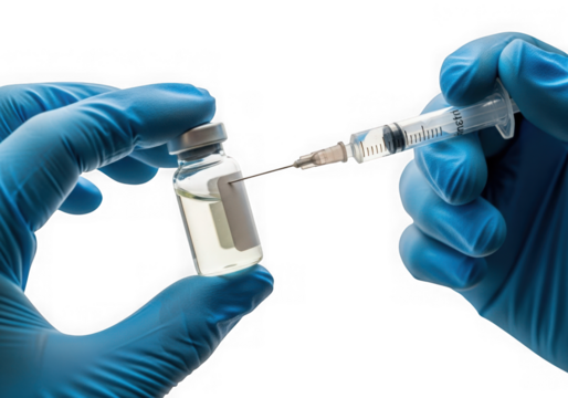 Medical gloves preparing vaccine vial and syringe for injection isolated on transparent background