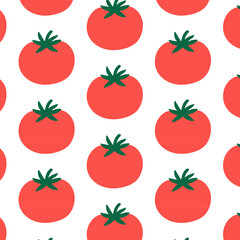 Minimal flat seamless pattern with red tomatoes on white background. Fresh organic vegetable design for packaging, fabric, eco branding, and healthy lifestyle themes.