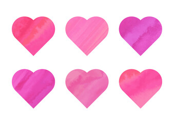 水彩テクスチャのあるピンク色と紫色のハートセット素材