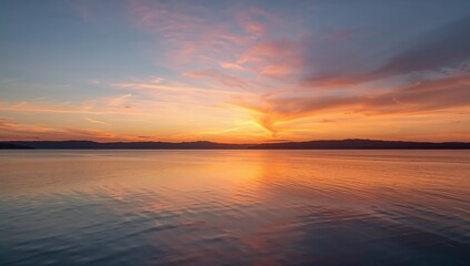 Naklejka premium Serene Horizon. A Symphony of Colors at Twilights Embrace, Reflecting on Calm Waters.