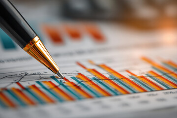 A close-up of a pen analyzing a financial report with colorful bar and line graphs, representing business data, growth, and market strategy. Focus on careful planning.