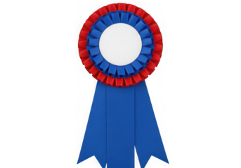 Award rosette ribbon blue red white circular champion first place winner decoration isolated on transparent background