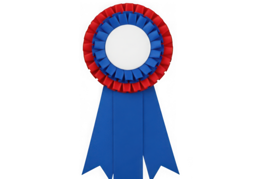 Award rosette ribbon blue red white circular champion first place winner decoration isolated on transparent background
