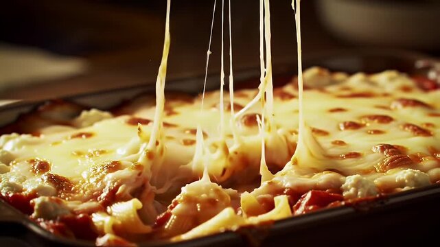 Baked Ziti Pasta Dish Topped with Melted Cheese in Rich Tomato Sauce on a Brown Tray
