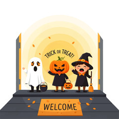 Halloween scene with ghost, pumpkin, and witch trick-or-treating.