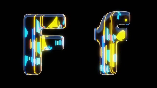 Modern alphabetic letter &ndash; F f - letter with black background inside, transparent background outside, seamless loop