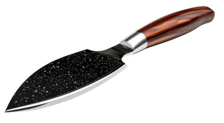 Stylish kitchen knife dark textured blade, wood handle, and silver bolster