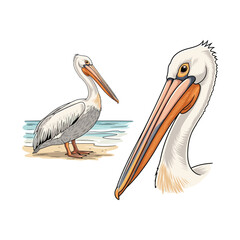 Pelican Fullbody and Close-Up Illustration