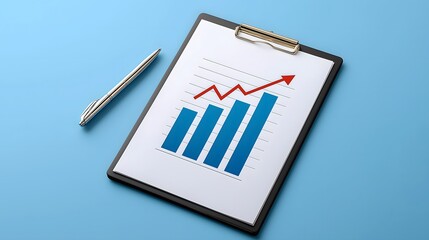 Close up of a minimalist clipboard displaying printed analytics graph with blue bars and a red upward trend, emphasizing data visualization and business insights