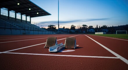 Race starting blocks on a running track stadium at sunset