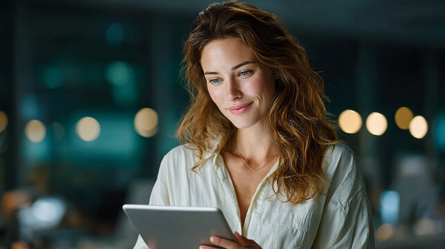 Young woman using digital tablet smiling with curly hair and casual shirt in modern office with blurred lights - Powered by Adobe