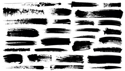 A collection of black brushstrokes with varying textures and shapes, against a white background