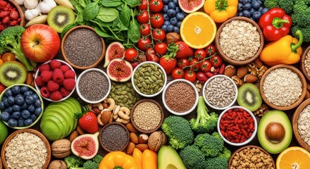 A Vibrant Assortment of Fresh Fruits Vegetables Seeds and Nuts for Healthy Eating