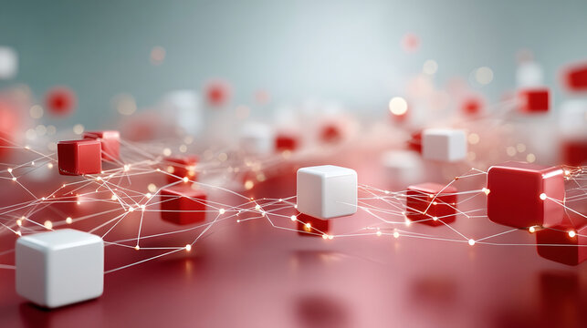 Digital network with red and white cubes connected by glowing lines, representing smart technology and data flow in futuristic style