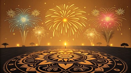 Vibrant fireworks illuminate the night sky above a traditional Indian mandala pattern on the ground, celebrating a festival.