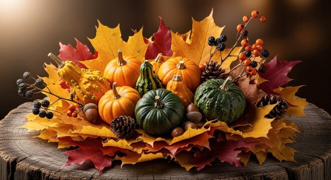 Autumn Harvest Decoration with Pumpkins Gourds and Fall Leaves - Powered by Adobe