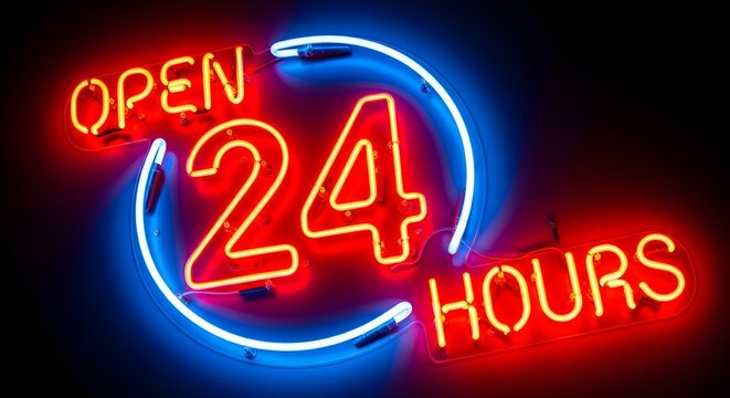 Neon sign glowing brightly in the dark displaying open 24 hours
