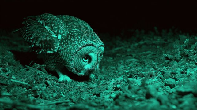 A captivating, close-up of a night owl with large eyes crouching down on earthy terrain