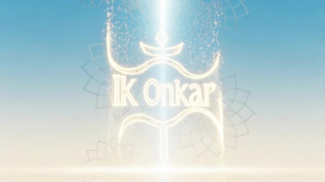Spiritual Ik Onkar Symbol Glowing with Divine Light on Light Blue, a Peaceful Animated Meditation Background for Faith Based Projects