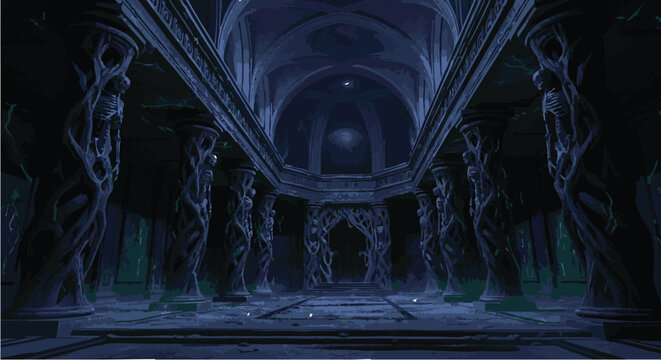 Eerie interior of a grand fantasy hall with monstrous caryatid columns lining a path to a distant archway