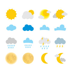 Diverse vector weather forecast symbols for daily atmospheric changes including sunny, cloudy, rainy, and lunar phases depicting Earth's climate patterns and meteorological conditions