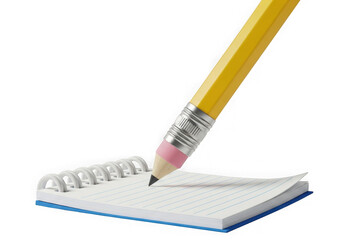 Fototapeta premium Yellow pencil writes on spiral notebook paper close up studio shot isolated on transparent background