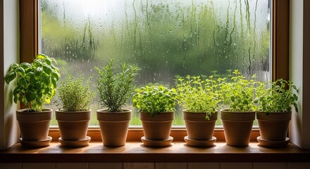 Herbs Growing on a Rainy Day Window Sill