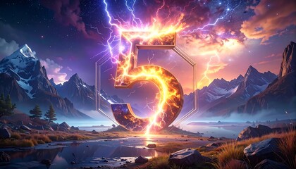 A dramatic digital illustration shows a glowing golden numeral "5" encircled by a geometric frame amid a stormy mountain landscape