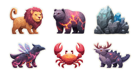 Colorful Cartoon Animals and Rocks with Lava Texture on Transparent Background