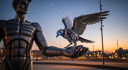 Futuristic Metallic Man Statue Holds Mechanical Falcon Against Twilight Sky with Glowing Eyes.