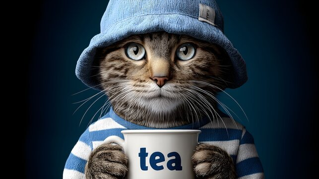Cute Cat in Blue Hat Drinking Tea - Perfect for Cozy & Whimsical Themes