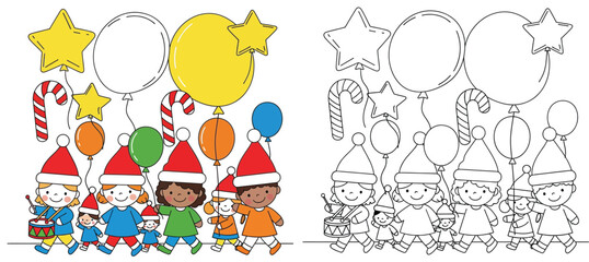 Adorable Christmas Kids Parade with Balloons and Candy Canes - Festive Holiday Celebration for Children's Design, Coloring Books, and Seasonal Decorations