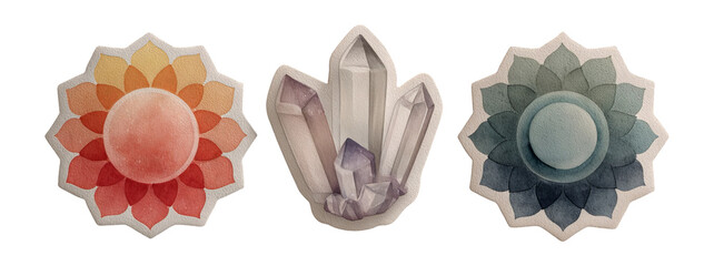 Vibrant Isolated Shapes of Crystals and Floral Designs in Soft Color Palette