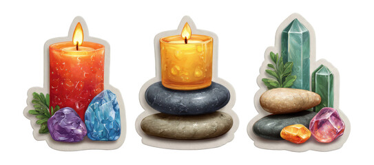 Colorful Candles with Stones and Crystals on a Transparent Background