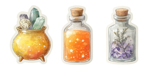 Colorful Potion Bottles with Crystals and Herbs in Transparent Background