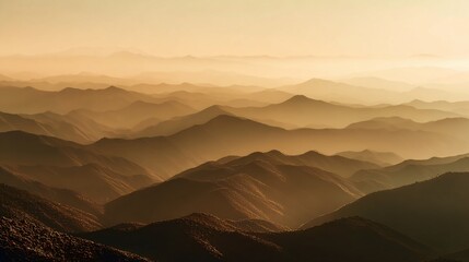 Stunning mountain range bathed in golden sunset light creates a peaceful, inspiring vista for travel brochures, landscape calendars, and serene nature designs