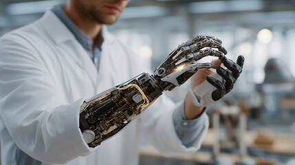 A Swedish bioengineer calibrates 3D-printed prosthetics in a biotech workshop, focusing on sustainable limb design and innovative healthcare solutions for precise prosthetic care.