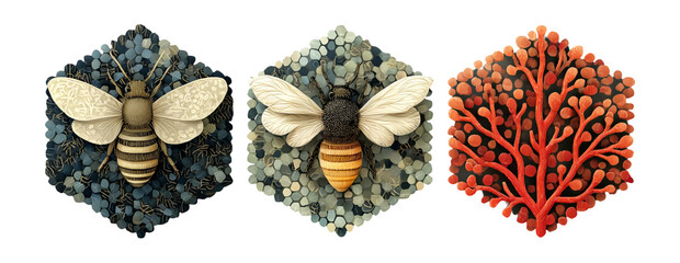 Detailed Illustration of Bees and Coral Against a Transparent Background