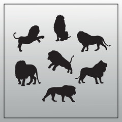 Diverse Collection of Majestic Lion Silhouettes in Dynamic Poses for Wildlife and Safari-Themed Graphic Design