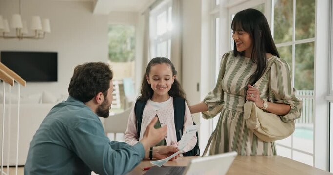 Document, happy parents and child with report card in home for GPA, good grades and high five. Excited family, celebration and student with paperwork for academic support and scholarship opportunity