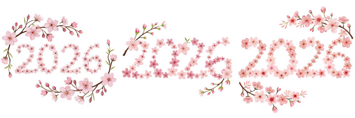 Set of blossoms forming the numbers 2026 isolated on a transparent background