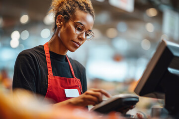 A woman in a red apron is working at a cash register