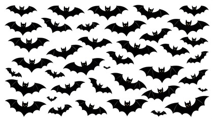 A collection of black silhouettes of flying mammals with glowing orange eyes on a white background, suggesting night flight