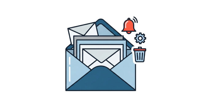Open envelope with letters, notification bell, gear, and trash bin represents email management and organization
