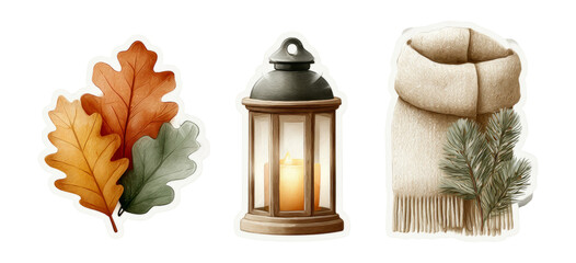 Autumn Elements with Lantern, Leaves, and Cozy Scarf on Transparent Background